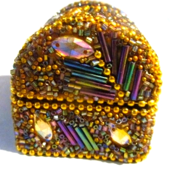 Handmade Abstract Multi Color Gold Jeweled Beaded Trinket Box 2"x1.5"x1.5" - Picture 5 of 6